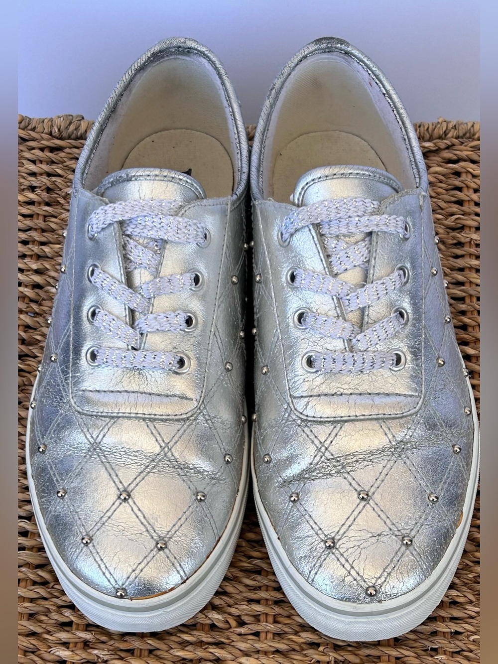 Wanted Women’s Leather Silver Quilted Studded Sneakers Lace Up Size 9‎